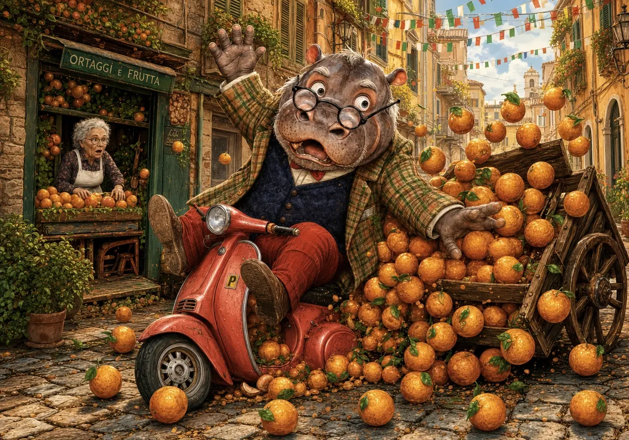 Professor Horatio crashing his Vespa into a cart of oranges in Rome