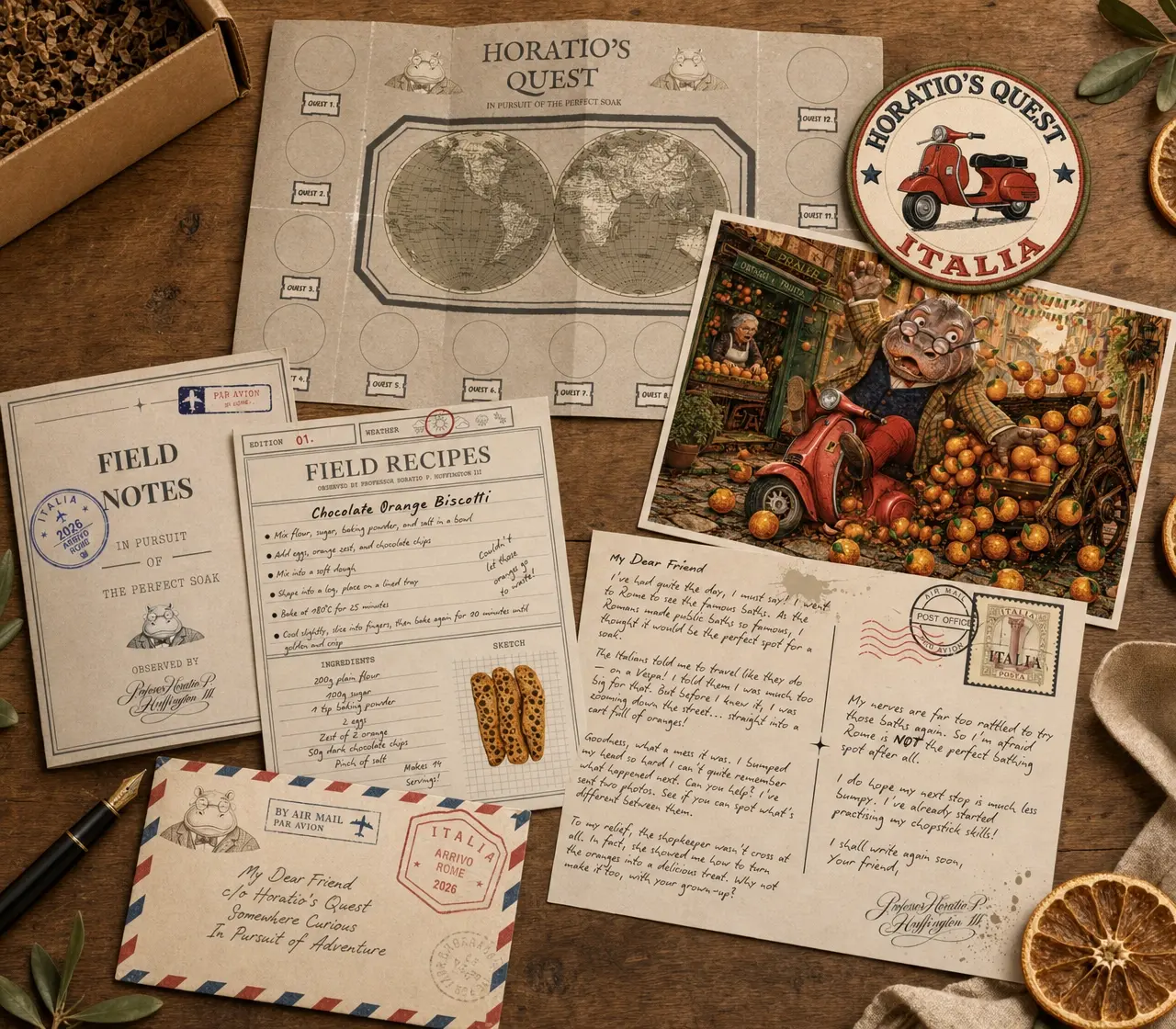 The contents of this month's Horatio's Quest envelope, fanned out